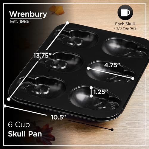 Wrenbury Large Skull Baking Pan - 6 Cup Metal Muffin Tin for Pizza Cupcakes