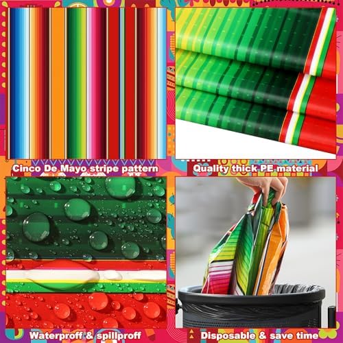 2 PCS Mexican Fiesta Plastic Tablecloth 108 x 54 Inch Mexican Striped Disposable Table Covers Waterproof Cinco De Mayo Rectangle Party Table Cloth for Fiesta Taco Mexico Themed Birthday Party Supplies