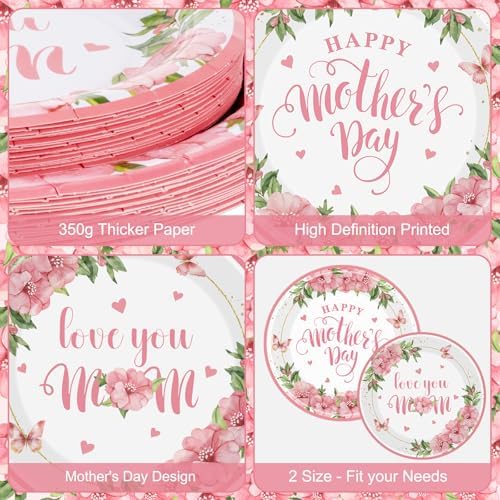 24 Pcs Happy Mother's Day Plates Set - Pink Love You Mom Paper Plate, Disposable Flowers Mothers Day Round Dinner Dessert Plates Tableware for Mother Days Party Supplies Favors Table Decorations