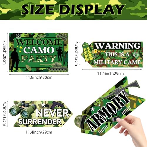 Hooqict 20 Pieces Camo Party Signs Army Birthday Party Decorations Camouflage Military Birthday Party Supplies for Boys Men Army Themed Directional Sign