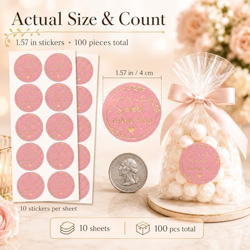 A Sweet Thank You Stickers, Pink Gold Foil Favor Labels for Wedding, Baby Shower, Dessert Table, Small Business Packaging, Bakery Gift Wrapping & Party Supplies,100PCS 1.6 Inch