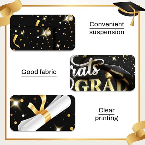 Class of 2026 Graduation Decorations, 3 Pcs Black Gold Congrats Grad Banner and Backdrop Set with 1 Photo Backdrop and 2 Hanging Banners for Indoor Outdoor Party Decor