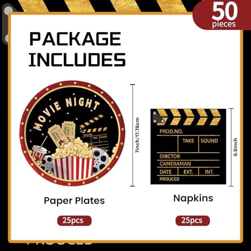 50Pcs Movie Night Plates and Napkins Party Supplies, Disposable Movie Theme Birthday Paper Plates Napkins Tableware Set for Film Action Lights Camera Popcorn Birthday Party Decorations (Movie Night)