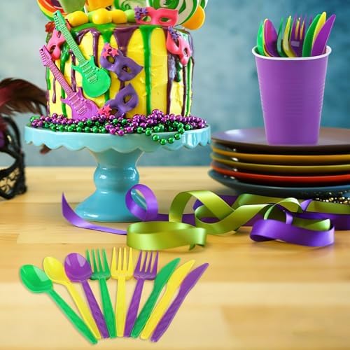 Kochorie 90 Pieces Mardi Gras Plastic Cutlery Set, Purple Yellow Green