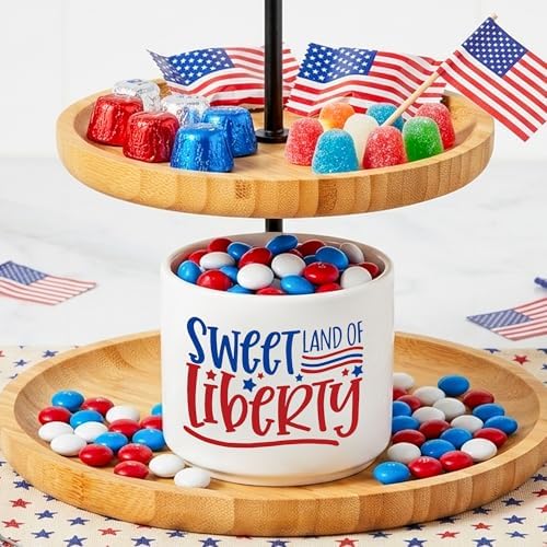 Patriotic 4th of July Candy Dish, Independence Day Mini Ceramic Candy Bowl Tiered Tray Centerpiece Decor, Snack Serving Table Wishes Accents for Party Home Kitchen (Sweet Land of Liberty)