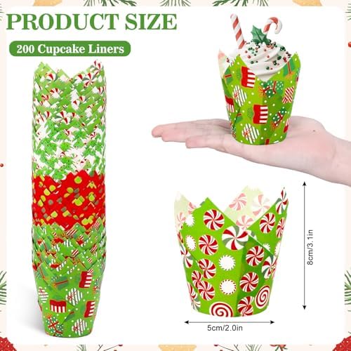 FYSUIMU 200Pcs Christmas Tulip Cupcake Liners Funny Cartoon Character Muffin Baking Cups Xmas Red Green Cupcake Wrappers for Winter Holiday Birthday Wedding Party Supplies Table Decor