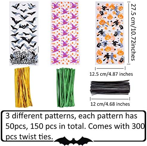 DIYASY 150 Pcs Halloween Cellophane Treat Bags, Clear Candy Bags Plastic Bats Pumpkin Bag Witch Goody Bag with 300 Twist Ties for Kids Party Favor