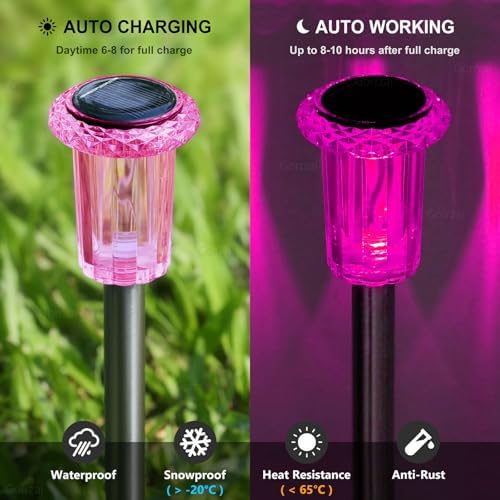 10 Pack Solar Lights Outdoor Waterproof LED Pink Pathway Lighting