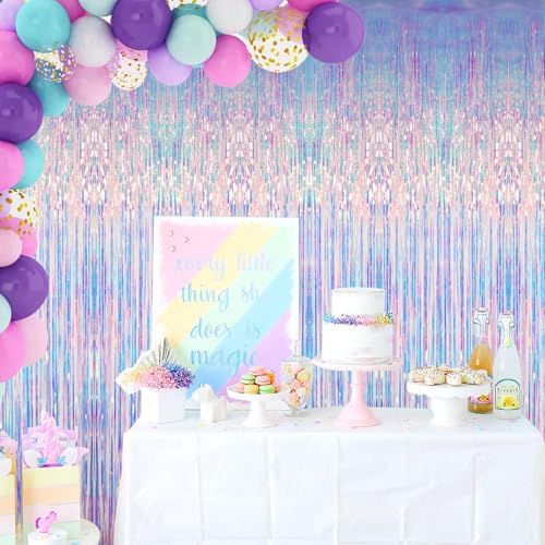 GOER 3.2 ft x 6.5 ft Metallic Tinsel Foil Fringe Curtains Party Photo Backdrop Party Streamers for Mermaid Birthday Party Decorations(2 Packs,Iridescent)
