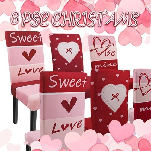 Valentine Chair Covers Set of 6 Valentines Heart Chair Back Covers Valentines Dining Chair Covers for Party Kitchen Valentines Day Decorations