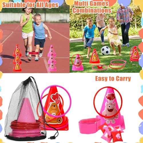 39Pcs 4 in 1 Valentines Day Party Games for Kids with Ring Toss, Plastic Cones, Bean Bags, 3-Legged Race Bands, Stickers, Carnival Valentine's Games Activity Combo Set for Classroom Indoor Outdoor