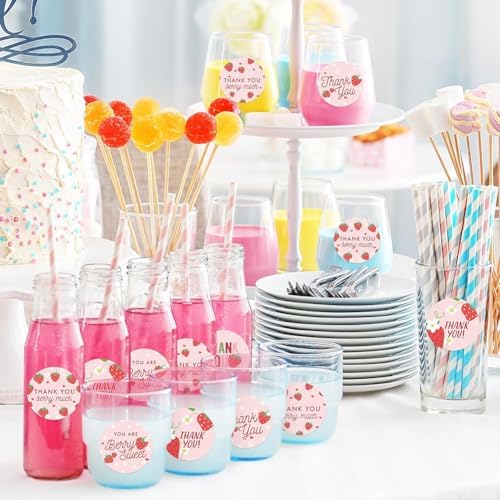 500PCS Thank You Stickers 1.5in Stickers Rolls 6 Designs Pink Sticker with Strawberry Patterns and Thank You Words Sticker for Bottle Scrapbook Journal Envelope Decorations