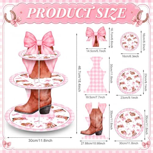 3 Tier Western Cowgirl Cupcake Stand Decoration Pink Bow Cupcake Tower Cowgirl Boots Hat Table Decoration Dessert Holder Table Display for Western Birthday Bachelorette Baby Shower Supplies