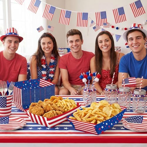 50 Pcs Patriotic Party Snack Trays, Disposable American Flag Paper Serving Boats, Red White and Blue Food Trays for July 4th, Memorial Day & USA Themed Events – 2 Designs