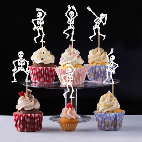 25Pcs Glitter White Skeleton Cupcake Toppers Dancing Skeleton Cupcake Picks for Halloween Party Decorations Halloween Boys Girls Goth Birthday Goth Bridal Shower Wedding Cake Cupcake Decorations