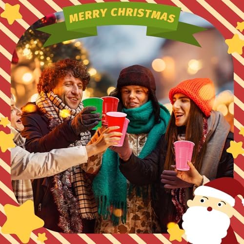 JarThenaAMCS 150Pcs Christmas Plastic Cups 16Oz Red Pink Green Disposable Drinking Cup Stackable Party Cups for Xmas Indoor Outdoor Event Supplies