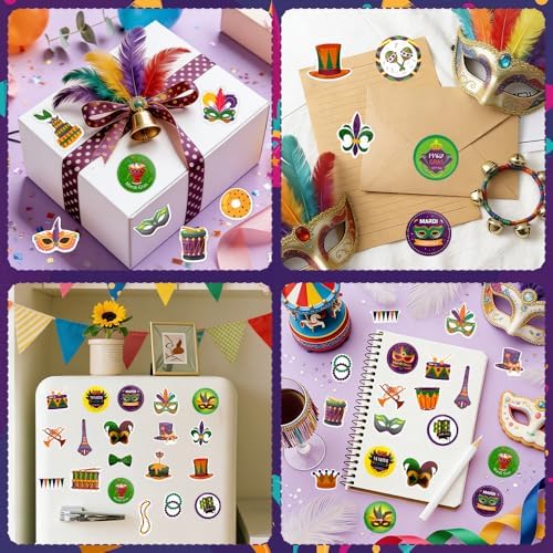 Mardi Gras Stickers, 306 PCS Happy Mardi Gras Stickers, Self-Adhesive Carnival Masquerade Decoration Sticker Clowns Crowns Mask Design Sticker for Masquerade Themed Decorations Activity Party Favors