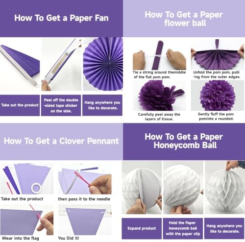 24 Pcs Purple Birthday Decorations Kit, Paper Fans Pom Poms Banner 8-16 in