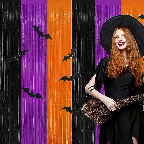 2 Pack 3.2ft x 9.8ft Halloween Foil Fringe Curtain, Black Orange Purple Metallic Tinsel Curtains Streamer Large Party Photo Booth Props Backdrops for Wall Door Indoor Outdoor Decorations