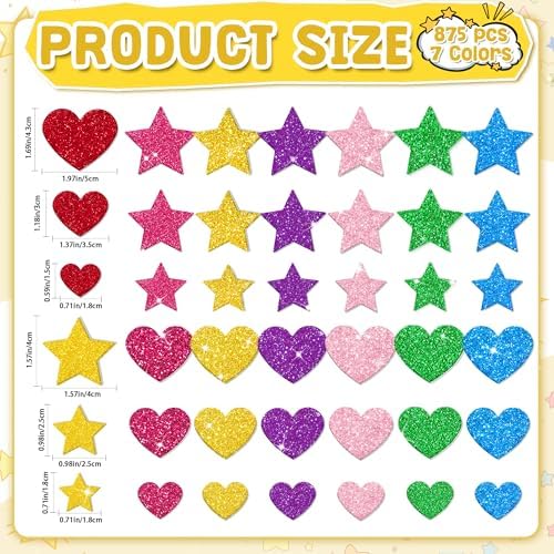 Foam Stickers, 870 PCS 3D Glitter Foam Hearts and Stars Stickers, 7 Colors