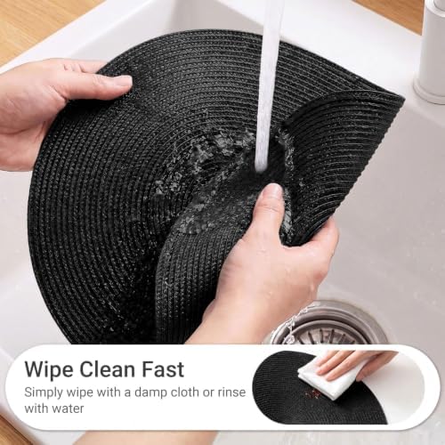 FunWheat Round Braided Placemats Set of 12 Place Mats for Dining Table Woven Washable Non-Slip Table Mats 15 Inch(Black,12pcs)