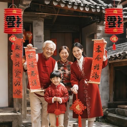 2026 Chinese New Year Decorations Set,6Pcs Red Paper Fu Lanterns for Ceiling, Year of The Horse Lunar Spring Festival Party Supplies for Home, Restaurant, Store,6.3 x 9.8 Inch