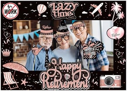 Retirement Party Photo Booth Props Kit - 37pcs Paper Photo Props 1 Frame Glitter Retirement Party Decorations for Retiree Celebration, Farewell Office Party Supplies (Rose Golden and Black)