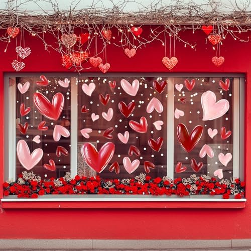 JarThenaAMCS Extra Large Valentine's Day Window Clings Window Stickers Pink Red Heart White Dot Double-Sided Glass Decals for Wedding Anniversary Party Wall Decor, 6 Sheets