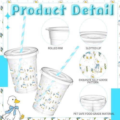 Jingmore 50 Pcs One Silly Goose Party Disposable Plastic Cups 12 oz with Lids Straws Themed Party Supplies Plastic Tumbler for Birthday Table Decorations Favors(Blue)