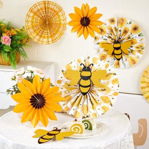SUNBEAUTY Sunflower Party Decorations Sunflower Birthday Paper Fan Decorations with Bees Yellow White Sun Flower Wall Hanging for Baby Shower Summer Garden Party Classroom Bulletin Board Decoration