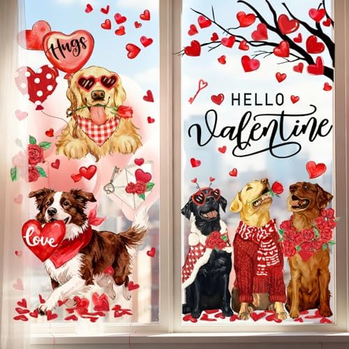 JarThenaAMCS Valentine's Day Window Clings Window Stickers Love Heart Dog Double-Sided Glass Decals for Wedding Anniversary Home Office Classroom Party Wall Decor, 9 Sheets