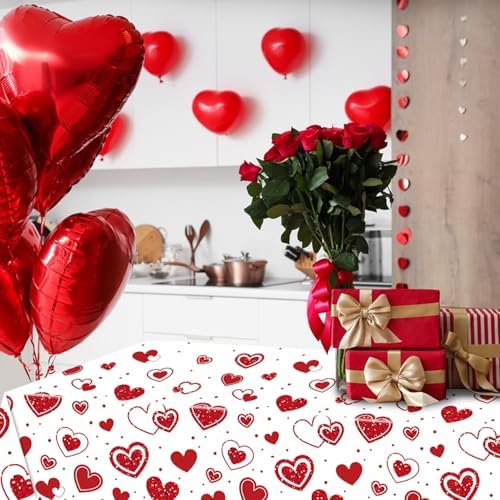 3-Piece 54 x 108 Inch Valentine’s Day Plastic Tablecloth – Red Heart Disposable Rectangle Table Covers for Romantic Dinner, Wedding Shower, Anniversary Party, and Valentine Decorations