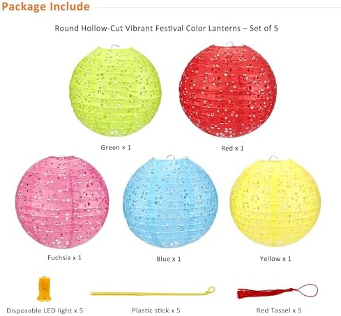5Pack Chinese Lunar New Year Decorations 2026 Paper Lanterns with Lights Chinese Japanese Hanging Paper Lanterns with LED Sticks Tassels 8 Inch for Spring Festival Valentine's Day Party Decor