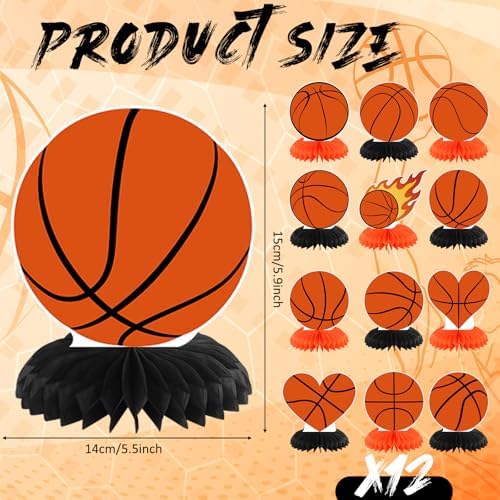 Yuntau 12 Pcs Basketball Party Decoration Honeycomb Centerpiece Basketball Table Topper Sports Table Decoration for Men Birthday Sports Theme Party Favors Supplies