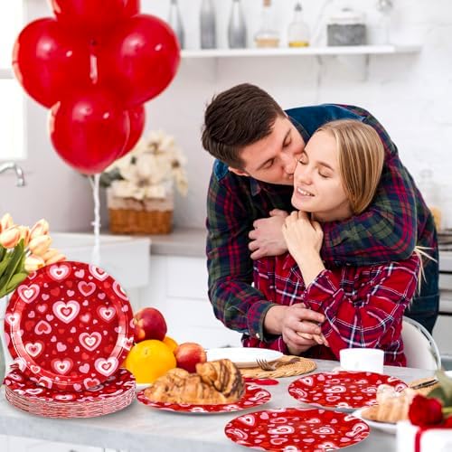 Whaline 40 Pcs Valentine's Day Heart Paper Plates Disposable Plates 9 Inch Red Love Heart Party Tableware for Wedding Anniversary Table Decor Supplies