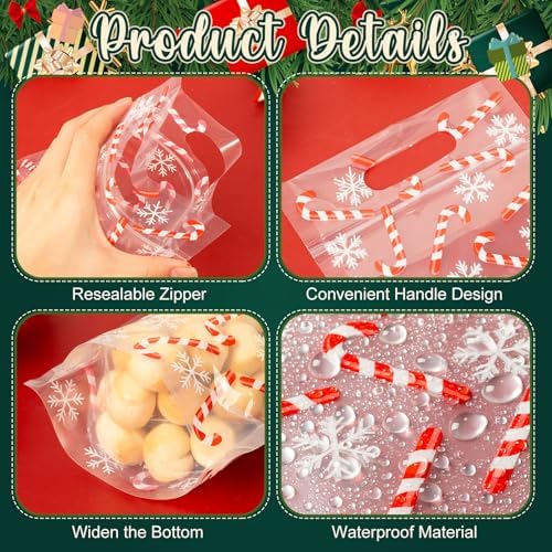 Engrowtic 100 Pcs Christmas Treat Bags Resealable Christmas Zipper Bags Candy Cane Plastic Gift Bag Holiday Bag with Handles for Xmas Party Favor Wrapping Supplies