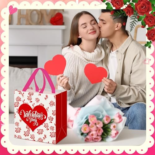 Wesnoy 48 Pcs Valentine's Day Gift Bags Bulk with Handle Non Woven Reusable Pink Red Heart Bags Valentine's Day Candy Bag for Classroom Gift Exchange, Goodies Wrapping Party Favors, 11.4x10.6x4.7 Inch