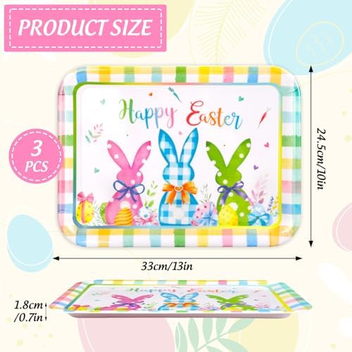JarThenaAMCS 3Pcs Easter Serving Trays Reusable Serving Dishes Watercolor Pastel Plaid Rabbit Egg Platter for Spring Party Sharing Snacks Fruits Dessert, 13 x 10 Inch