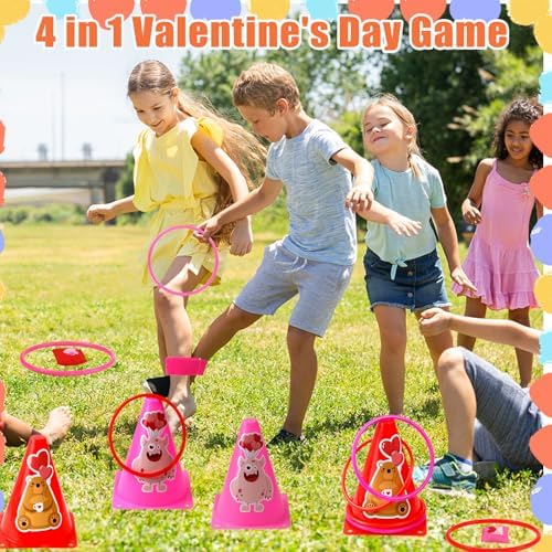 39Pcs 4 in 1 Valentines Day Party Games for Kids with Ring Toss, Plastic Cones, Bean Bags, 3-Legged Race Bands, Stickers, Carnival Valentine's Games Activity Combo Set for Classroom Indoor Outdoor