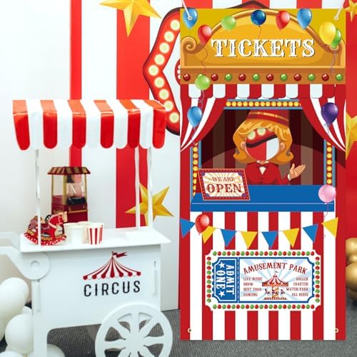 73 x 36 Inches Carnival Ticket Booth Banner Door Cover – Amusement Park Photo Booth Backdrop with Balloons, Striped Tent and “We Are Open” Sign, Movie Theater Theme Party Decorations for Kids Birthday
