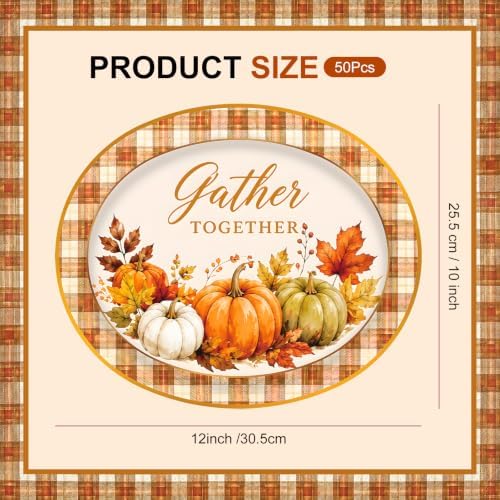 50 Pack Thanksgiving Oval Paper Plates – 12 Inch Disposable Fall Pumpkin Dinner Plates for Thanksgiving Dinner, Friendsgiving, Harvest Party and Autumn Party Supplies