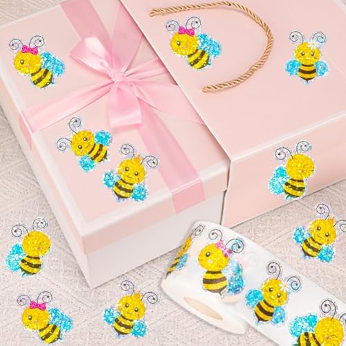 500Pcs Summer Bee Stickers Roll 1.5in Large Glitter Bumble Bee Seal Stickers 5 Designs Cartoon Animal Waterproof Classroom Reward Decals for Spring Bottle Scrapbook Journal Decor