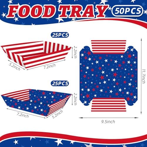 50 Pcs Patriotic Party Snack Trays, Disposable American Flag Paper Serving Boats, Red White and Blue Food Trays for July 4th, Memorial Day & USA Themed Events – 2 Designs