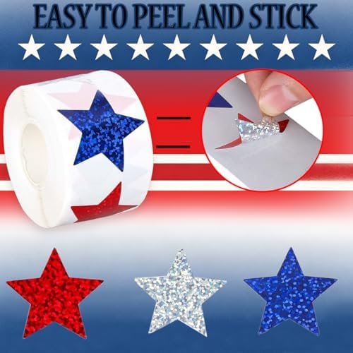 500 Pcs Christmas Stickers Roll 1In Star Sticker Xmas Red White and Blue Laser Glitter Patriotic Star Label for Independence Day Memorial Day Reward Envelope Journal Decor