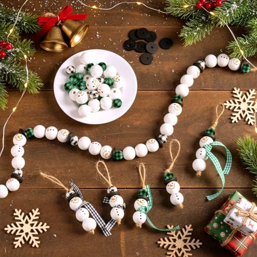 Landical 180 Piece Summer Christmas in July DIY Christmas Snowman Wooden Bead Crafts DIY Ornaments Buffalo Plaid Wood Round Bead Xmas Print Wooden Beads with Twine Scarf for Crafts(Fresh Colors)