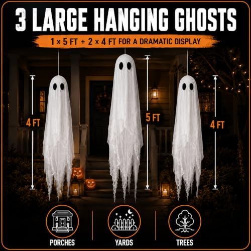 3 Packs Halloween Decorations Outdoor - Hanging Ghost Decor for Porch Yard
