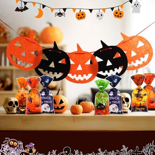 Halloween Treat Bags,Halloween Goodie Bags,100 Pcs Candy Bag Trick or Treat Gift Bag with Ties for Kids Clear Cellophane Goody Favor Gifts for Snacks Cookies Packing Party Favors Decorations Supplies