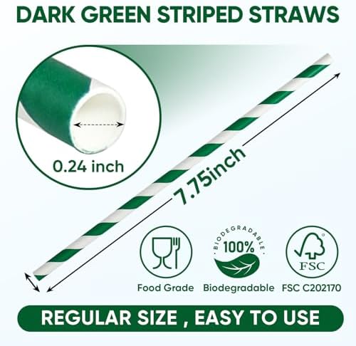 7.75" Green Straws, Green and White Striped Drinking Straws Disposable 100