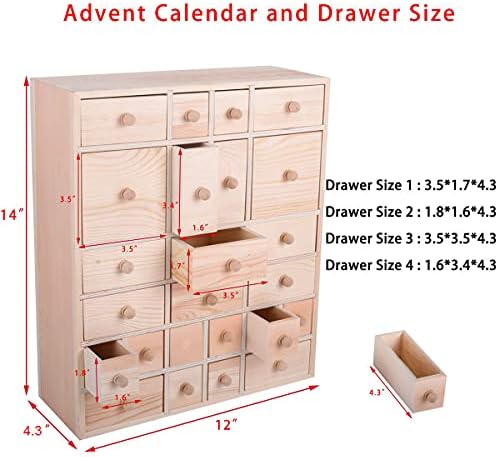 Vencer Wooden Countdown to Christmas Advent Calendar Storage Organizer with 24 Drawers,Jewelry Box,Desktop Organizer,DIY Unfinished Wood,Measures 14in x 12in x 4.3in,VYO-021