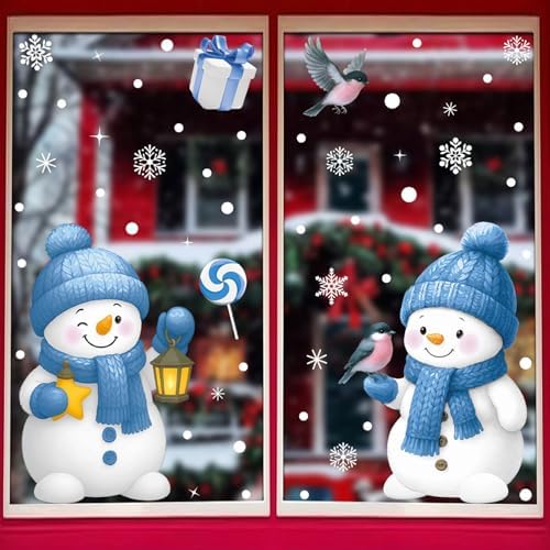 Christmas Window Stickers Cute Snowman Snowflake Window Clings Decals Reusable Double Sided Static Clings Window Clings for Glass Windows for Winter Christmas Decorations 4 Sheet